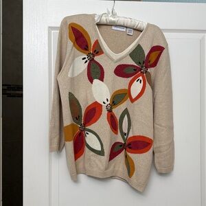 Alfred Dunner v-neck retro graphic floral sweater size Large